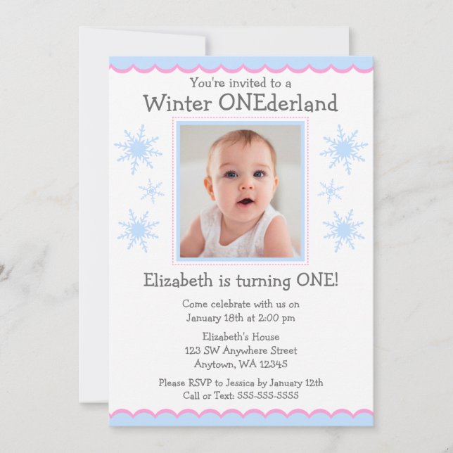 Invitation Winter Onederland Snowflakes Photo Anniversaire (Devant)