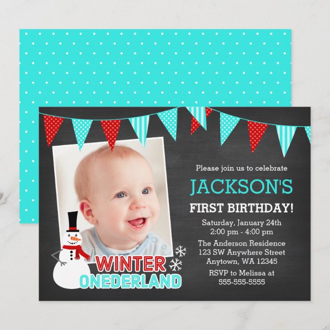 Invitation Winter Onederland Snowman Boy 1er anniversaire (Devant / Derrière)