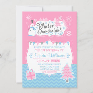 Invitation Winter Onederland Snowman rose Bleu 1er anniversai