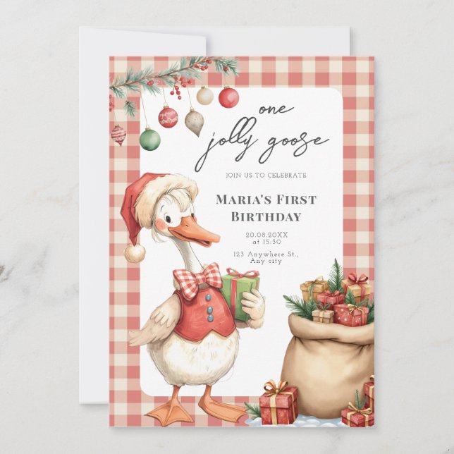 Invitation Winter Red Christmas Silly Goose  1st birthday (Devant)