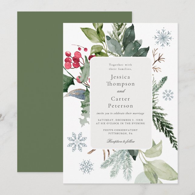 Invitation Winter Snow and Evergreen Wedding  (Devant / Derrière)