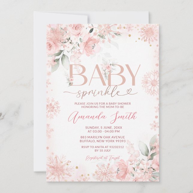 Invitation Winter Snow Pink Rose Gold Floral Baby Sprinkle (Devant)