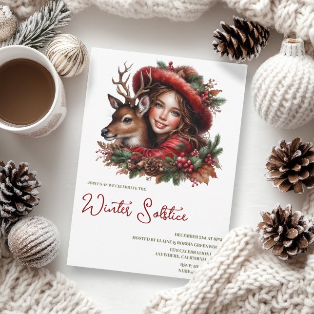 Invitation Winter Solstice Holly Girl & Deer Holiday Forest (Winter Solstice Holly Girl & Deer Holiday Forest Invitation)