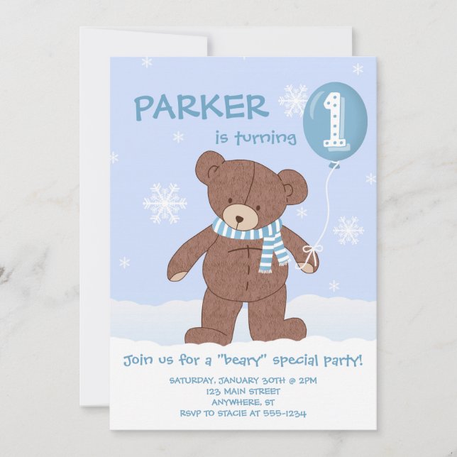 Invitation Winter Teddy Bear Balloon 1er Anniversaire Invitat (Devant)