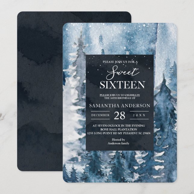 Invitation Winter Watercolor Forêt & Marine Blue & White Invi (Devant / Derrière)