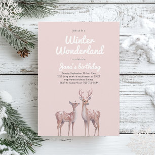 Invitation Winter Wonderland Anniversaire   Rose doux & Cerf