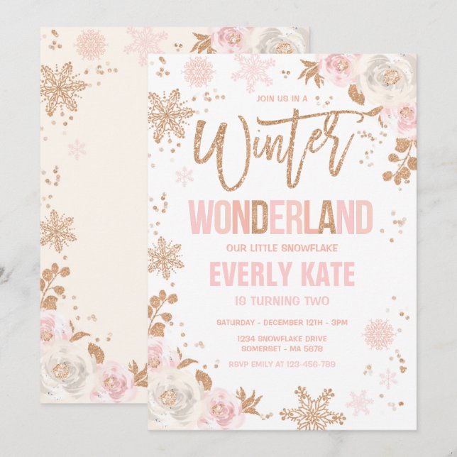 Invitation Winter Wonderland Anniversaire Rose Or et rose (Devant / Derrière)