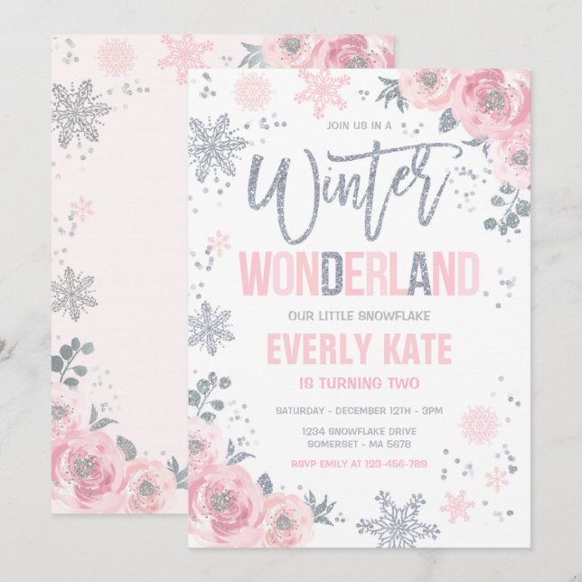 Invitation Winter Wonderland Anniversaire Silver Pink Snowfla (Devant / Derrière)