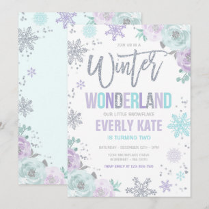 Invitation Winter Wonderland Anniversaire Silver Purple Snowf