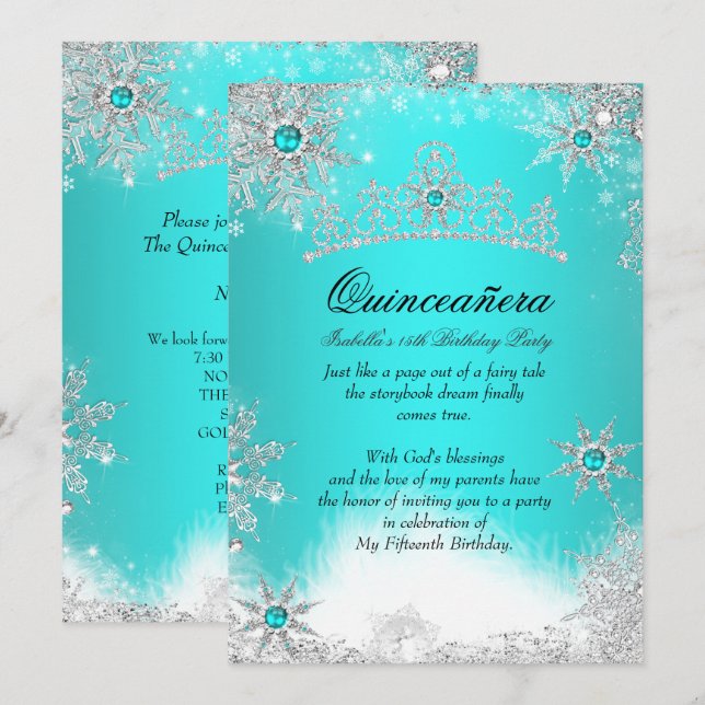 Invitation Winter Wonderland Aqua Blue Quinceanera Party (Devant / Derrière)