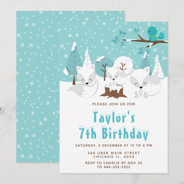 Invitation Winter Wonderland Arctic Fox fête d'anniversaire (Devant / Derrière)