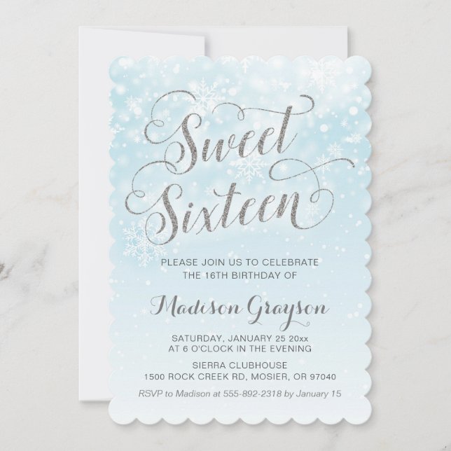 Invitation Winter Wonderland Blue Girl Seize 16e anniversaire (Devant)