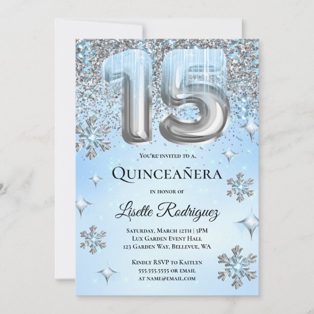 Invitation Winter Wonderland Blue Silver Balloons Quinceanera (Devant)