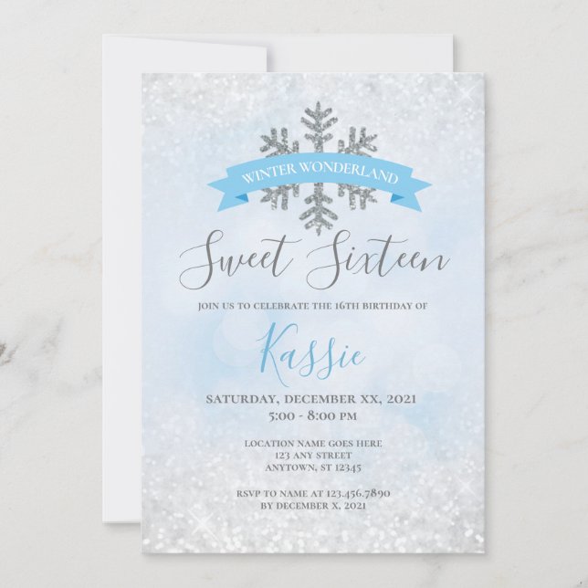 Invitation Winter Wonderland Blue Silver Sweet 16 Anniversair (Devant)