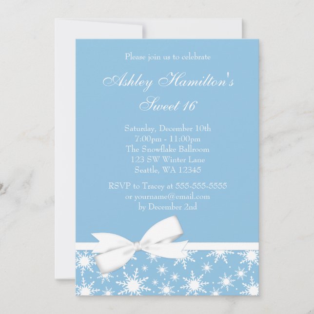 Invitation Winter Wonderland Blue Snowflake Bow Sweet 16 (Devant)