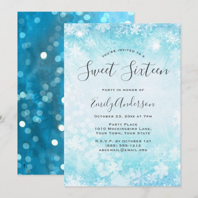 Invitation Winter Wonderland Blue Snowflake Sweet 16 (Devant / Derrière)