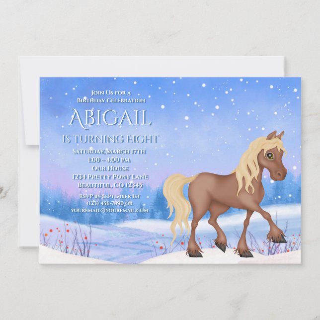 Invitation Winter Wonderland Cheval et neige Anniversaire (Devant)