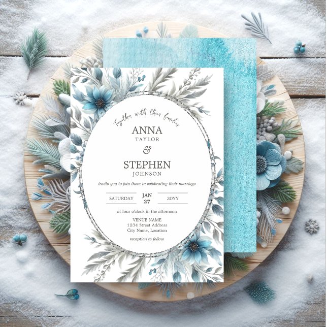 Invitation Winter Wonderland Floral Mariage (Winter wonderland floral wedding invitation front and back.)