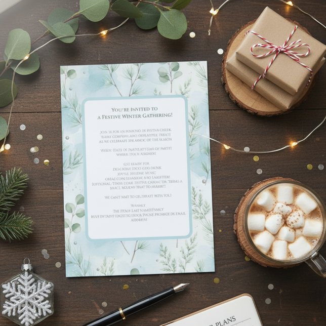 Invitation Winter Wonderland Gathering Invite (Soft blue watercolor holiday party invitation)