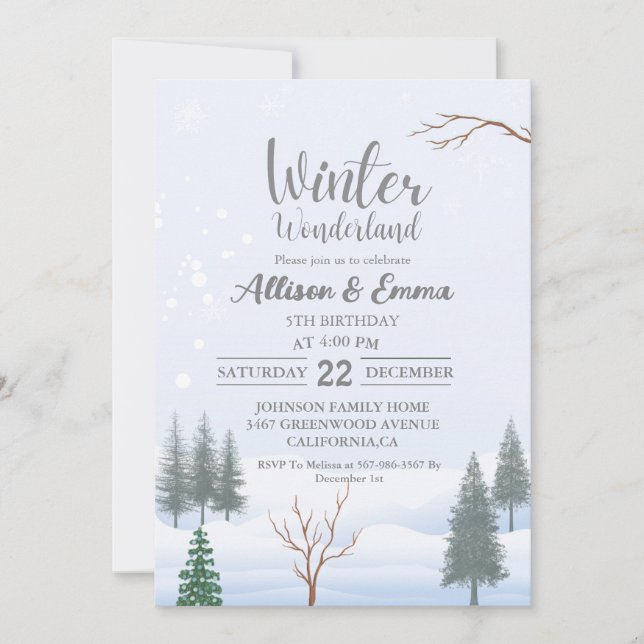 Invitation Winter Wonderland Noël Anniversaire Twin Party (Devant)