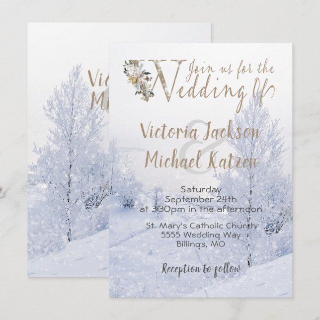 Invitation Winter Wonderland Paysage couvert de neige Mariage (Devant / Derrière)