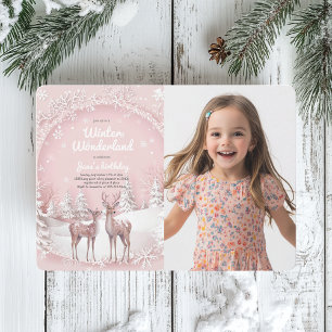 Invitation Winter Wonderland Pink and Deer Photo Anniversaire