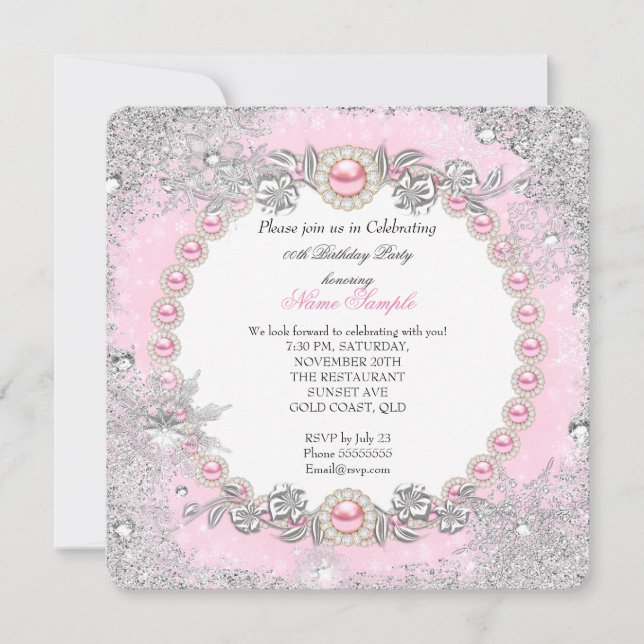 Invitation Winter Wonderland Pink Pearl Snowflake Anniversair (Devant)