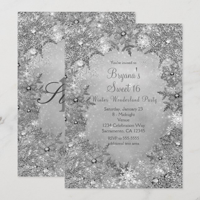 Invitation Winter Wonderland Pure Silver Élégant Snowflakes (Devant / Derrière)