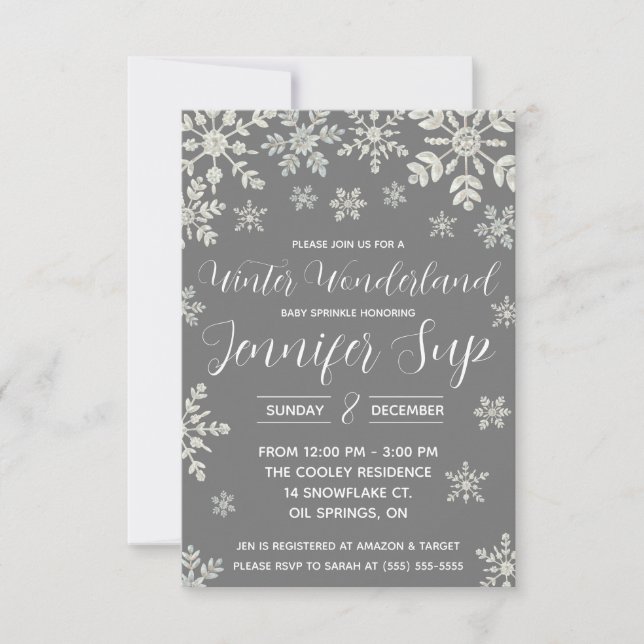 Invitation Winter Wonderland, Snowflake Baby Sprinkle, Douche (Devant)