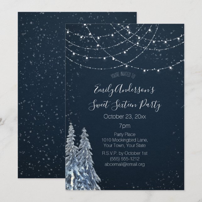 Invitation Winter Wonderland Snowflake Blue Sweet 16 (Devant / Derrière)