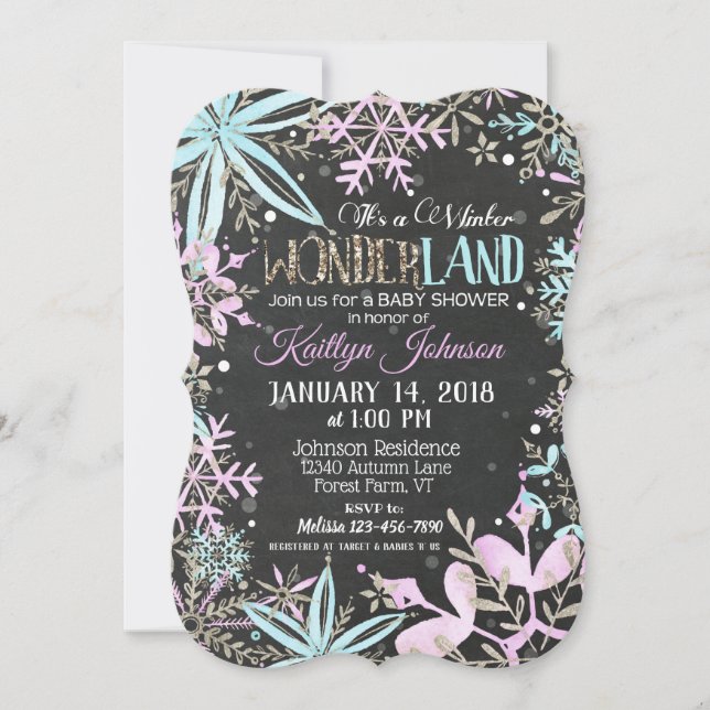 Invitation Winter Wonderland Snowflake Chalkboard Baby shower (Devant)