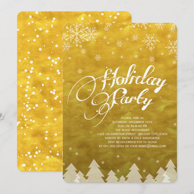 Invitation Winter Wonderland Snowflakes Golden Holiday Party (Devant / Derrière)