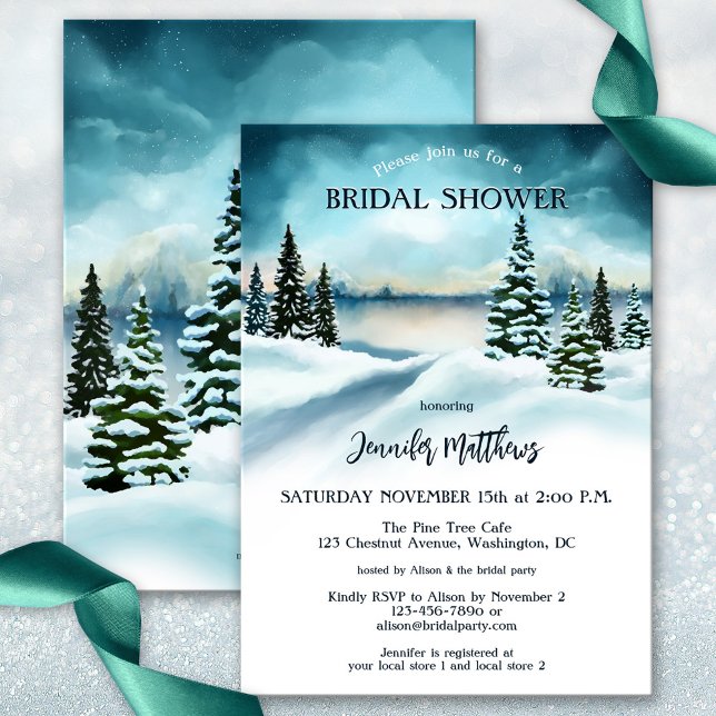 Invitation Winter Wonderland Watercolor Fête des mariées (Watercolor winter wonderland bridal shower invitation in pretty teal turquoise colors.)