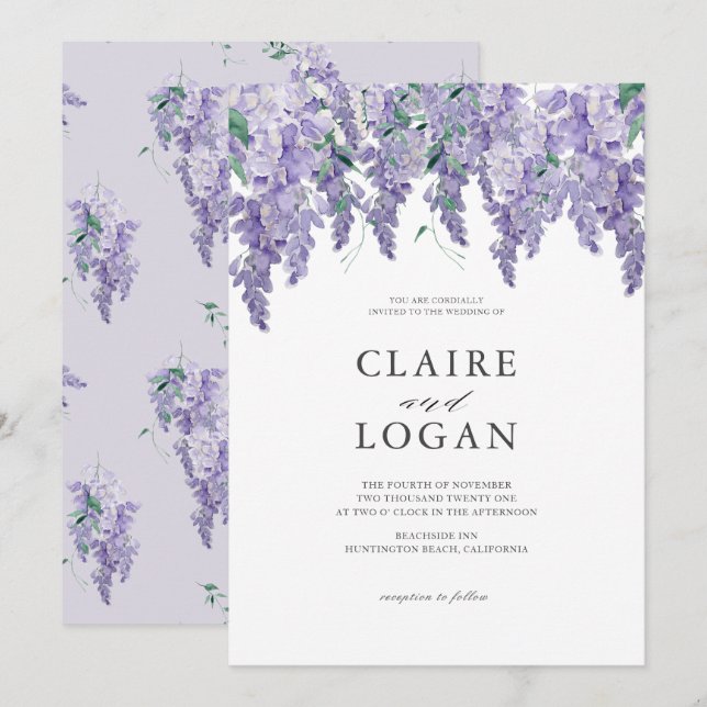 Invitation Wisteria Dusty Purple Mariage d'aquarelle (Devant / Derrière)