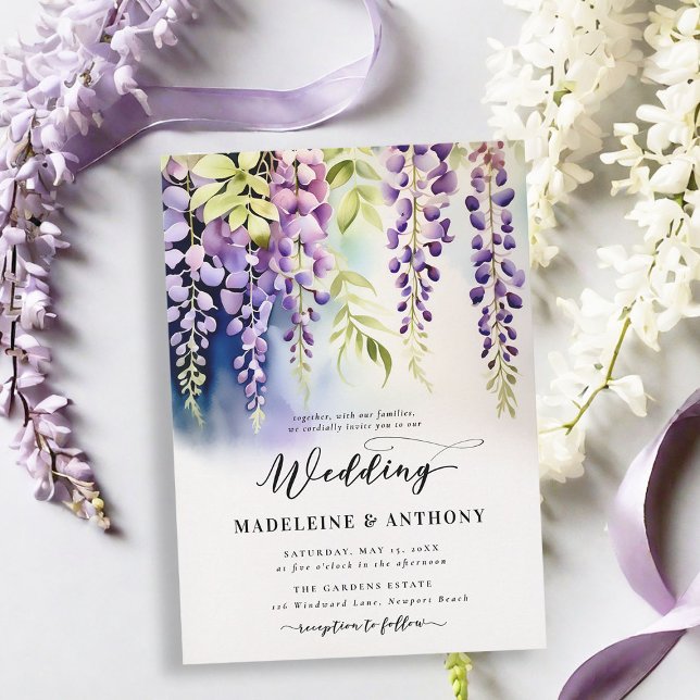 Invitation Wisteria Romantic Garden Party Purple Boho Mariage (wisteria garden party wedding invitation romantic elegant modern formal watercolor floral classy)