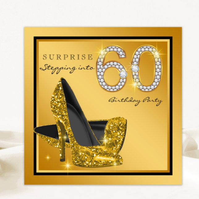 Invitation Womans Black Gold Surprise 60e fête d'anniversaire (Elegant black gold glitter high heel shoe 60th birthday invitation with pretty gold diamond numbers.)