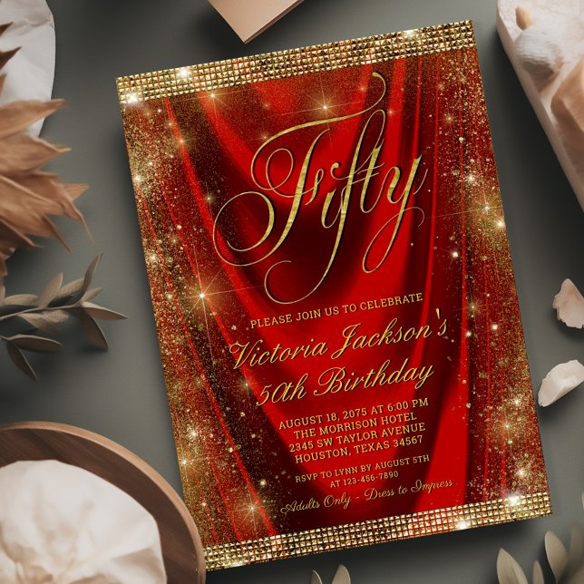 Invitation Womans Glam Red Gold 50e anniversaire (Need a different year? Simply send us a message.)