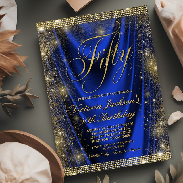 Invitation Womans Glam Royal Blue Gold 50e anniversaire (Need a different number? Simply send us a message.)
