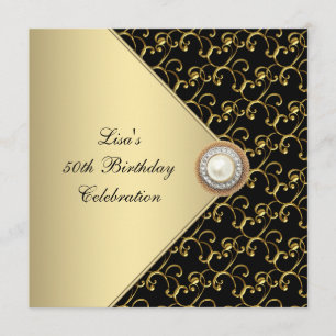 Invitation Womans Gold Black Pearl Classy 50e fête d'annivers