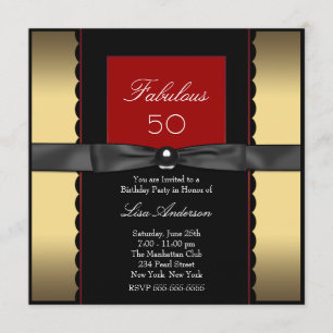 Invitation Womans Gold Black Red 50e fête d'anniversaire