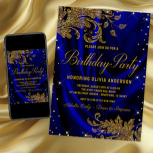 Invitation Womans Royal Blue Gold Anniversaire Fête Invitatio