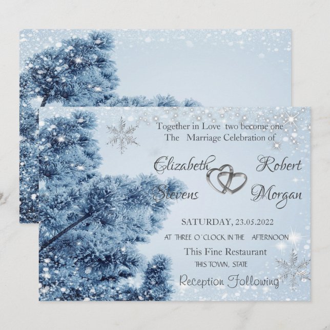Invitation Wonderland d'hiver, neige, Snowflakes Mariage (Devant / Derrière)