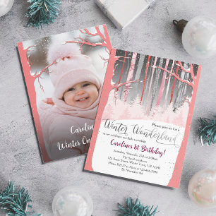 Invitation Wonderland neige arbres rose argent photo