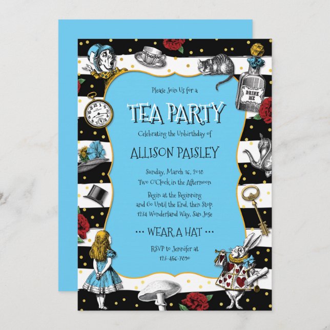 Invitation Wonderland Tea Party Whimsical Blue (Devant / Derrière)