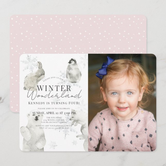 Invitation Wonderland Winter Animaux arctiques Fille Annivers (Devant / Derrière)