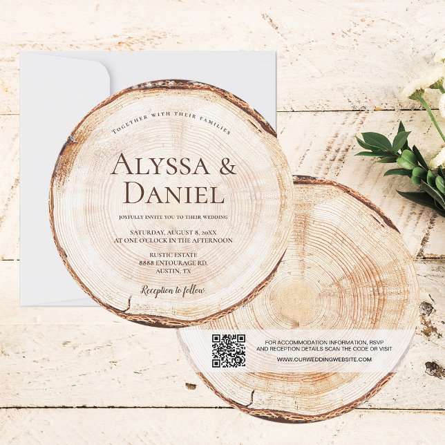 Invitation Wood Cut Grain QR Code Détails Russe Mariage (Unique round rustic wedding invitation with wood grain tree ring and instantly generated QR code.)