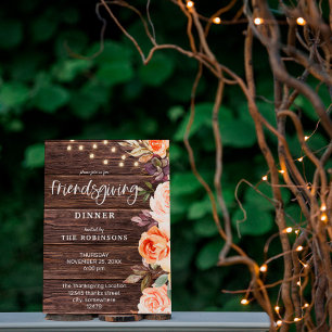 Invitation Wood Pink & Peach Floral w/ Lights Friendsgiving