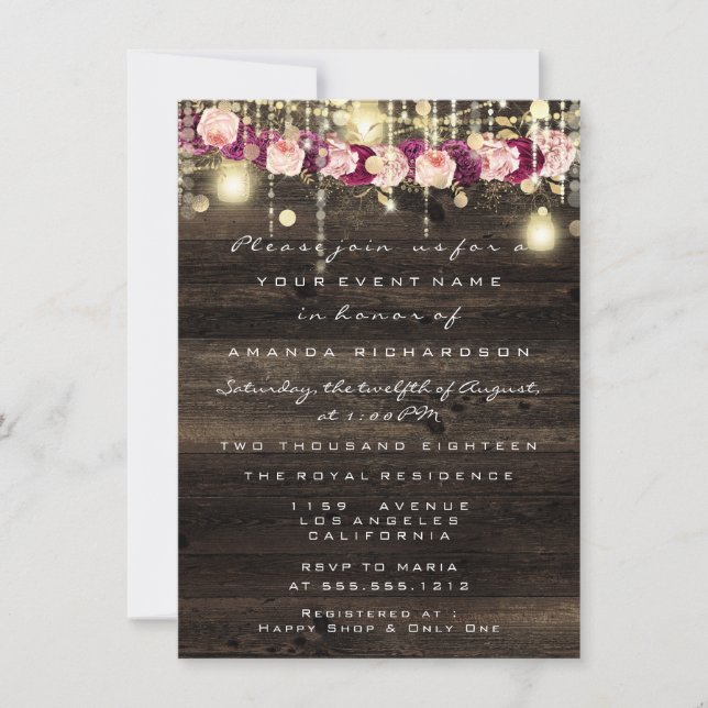 Invitation Wood Rustic Gold Lumières Jar Mariage de la mariée (Devant)