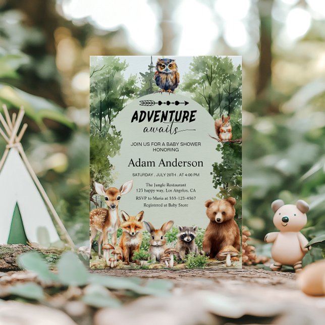 Invitation Woodland Adventure Awaits Baby Shower  (Créateur téléchargé)