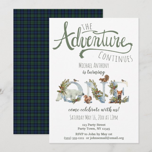 Invitation Woodland Adventure Premier anniversaire (Devant / Derrière)